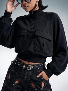 Gowayae Gowayae Sweatshirt Wanita Gaya Amerika dengan Kerah Tegak dan Resleting Setengah, Dilengkapi Kantong Kargo Fungsional dan Pinggang yang Dapat Dikencangkan - Hitam - View 2