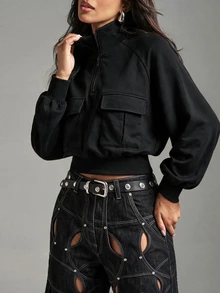Gowayae Gowayae Sweatshirt Wanita Gaya Amerika dengan Kerah Tegak dan Resleting Setengah, Dilengkapi Kantong Kargo Fungsional dan Pinggang yang Dapat Dikencangkan - Hitam - View 3