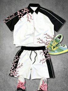 Manfinity Roghcode 男士夏季白黑配色拼接櫻花花卉印花兩件套，街頭風鈕扣襯衫與抽繩短褲度假穿搭 - 彩色 - 查看 1