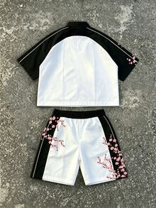 Manfinity Roghcode 男士夏季白黑配色拼接櫻花花卉印花兩件套，街頭風鈕扣襯衫與抽繩短褲度假穿搭 - 彩色 - 查看 3