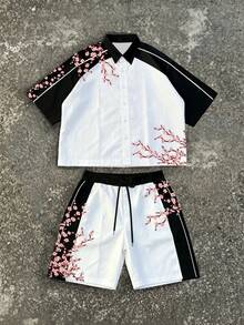 Manfinity Roghcode 男士夏季白黑配色拼接櫻花花卉印花兩件套，街頭風鈕扣襯衫與抽繩短褲度假穿搭 - 彩色 - 查看 2