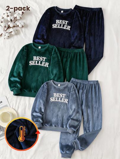 Conjunto de 2 piezas para adolescentes chicos, nuevo y popular, de franela de doble cara, minimalista, con bordado de precisión en inglés, cómodo, color azul marino sólido, pantalones de manga larga, 1SET