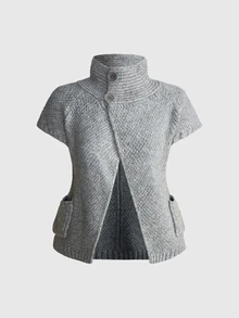 ROMWE Cardigan Wanita Gaya Kampus Kasual Serbaguna dengan Plaket Asimetris Vintage Y2K Musim Gugur/Dingin - Light Grey - View 1