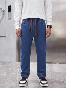 SHEIN Boys' Full Elastic Waist Drawstring All-Match Minimalist Versatile Comfortable Stretch Medium Blue Washed Slim Fit Denim Jeans - Dark Wash - View 3