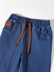 SHEIN Boys' Full Elastic Waist Drawstring All-Match Minimalist Versatile Comfortable Stretch Medium Blue Washed Slim Fit Denim Jeans - Dark Wash - View 4