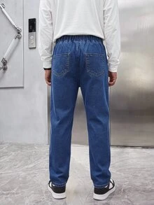 SHEIN Boys' Full Elastic Waist Drawstring All-Match Minimalist Versatile Comfortable Stretch Medium Blue Washed Slim Fit Denim Jeans - Dark Wash - View 2