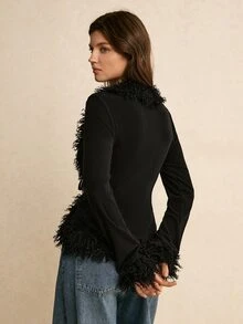 Poéselle Women's V-Neck Casual Daily Long Sleeve Top - Black - View 6
