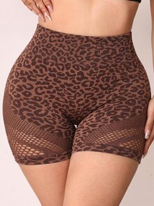 SHEIN Rhythm Era Women's Plus Size Seamless Coffee Brown Leopard Print Mesh Sports Shorts - Multicolor - View 3