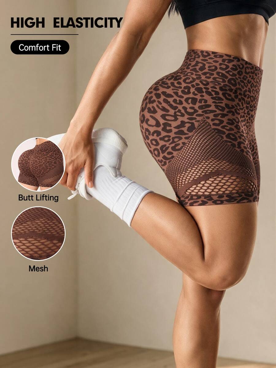SHEIN Rhythm Era Women's Plus Size Seamless Coffee Brown Leopard Print Mesh Sports Shorts - Multicolor - View 1