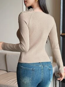 DAZY Women's Lace Patchwork Casual Daily Long Sleeve Sweater - Khaki - View 8