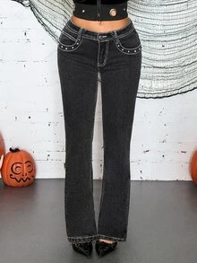 Jeanoix Celana Jeans Slim Lurus Model Pinggang Rendah Gaya Jalanan Fashion Y2K dengan Hiasan Rivet - Dark Grey - View 6