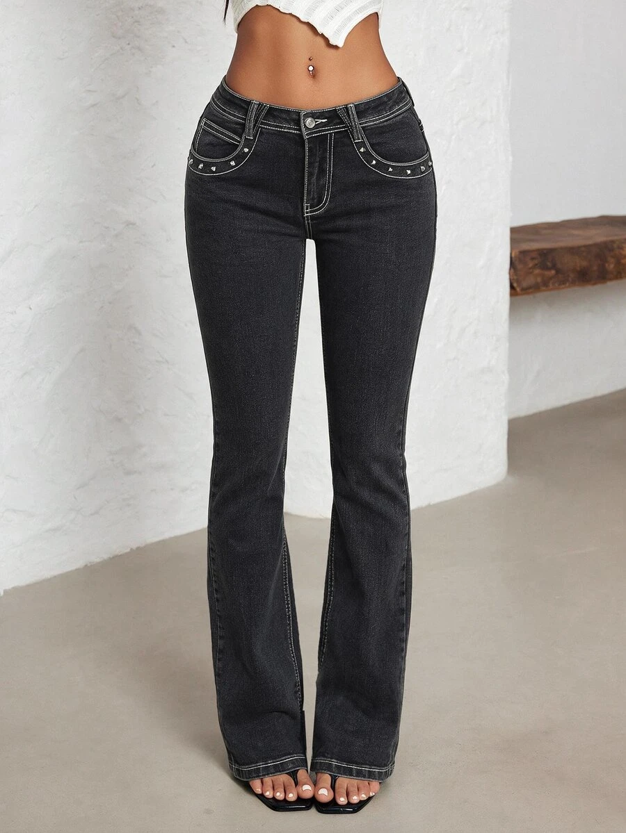 Jeanoix Celana Jeans Slim Lurus Model Pinggang Rendah Gaya Jalanan Fashion Y2K dengan Hiasan Rivet - Dark Grey - View 1