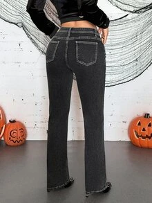 Jeanoix Celana Jeans Slim Lurus Model Pinggang Rendah Gaya Jalanan Fashion Y2K dengan Hiasan Rivet - Dark Grey - View 2