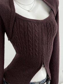 Elamini Women's Casual Fitted Front Zipper Sweater, Autumn/Winter - Brown - View 3