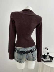 Elamini Women's Casual Fitted Front Zipper Sweater, Autumn/Winter - Brown - View 4