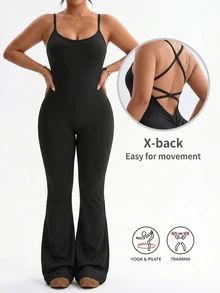 SHEIN Rhythm Era 大尺碼可調節交叉肩帶黑色連身褲，休閒百搭修身運動連身短褲 - 黑色 - 查看 8