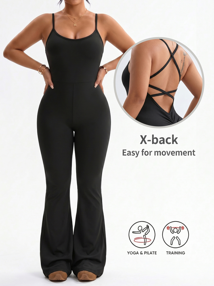 SHEIN Rhythm Era Plus Size Adjustable Criss-Cross Strap Black Jumpsuit, Casual Versatile Slim Fit Sports Romper - Black - View 8