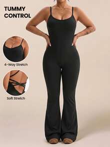 SHEIN Rhythm Era 大尺碼可調節交叉肩帶黑色連身褲，休閒百搭修身運動連身短褲 - 黑色 - 查看 3