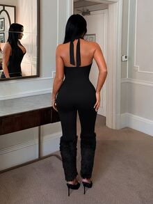 SHEIN SXY Fur Patchwork Halter Neck Sexy Bandage Bandage Tight Jumpsuit Halloween Night Out Going Out Club Black Summer - Black - View 2