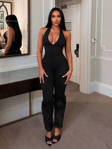 SHEIN SXY Fur Patchwork Halter Neck Sexy Bandage Bandage Tight Jumpsuit Halloween Night Out Going Out Club Black Summer - Black - View 3