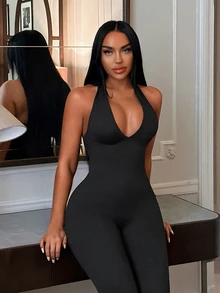 SHEIN SXY Fur Patchwork Halter Neck Sexy Bandage Bandage Tight Jumpsuit Halloween Night Out Going Out Club Black Summer - Black - View 4