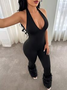 SHEIN SXY Fur Patchwork Halter Neck Sexy Bandage Bandage Tight Jumpsuit Halloween Night Out Going Out Club Black Summer - Black - View 1