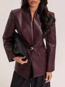 SHEIN BAE Burgundy Collarless Litchi Grain Faux Leather Metal Detail Blazer For Women Fall 2026 Elegant Slim Fit PU Leather Jacket For Office Cocktail Party - Burgundy - View 3