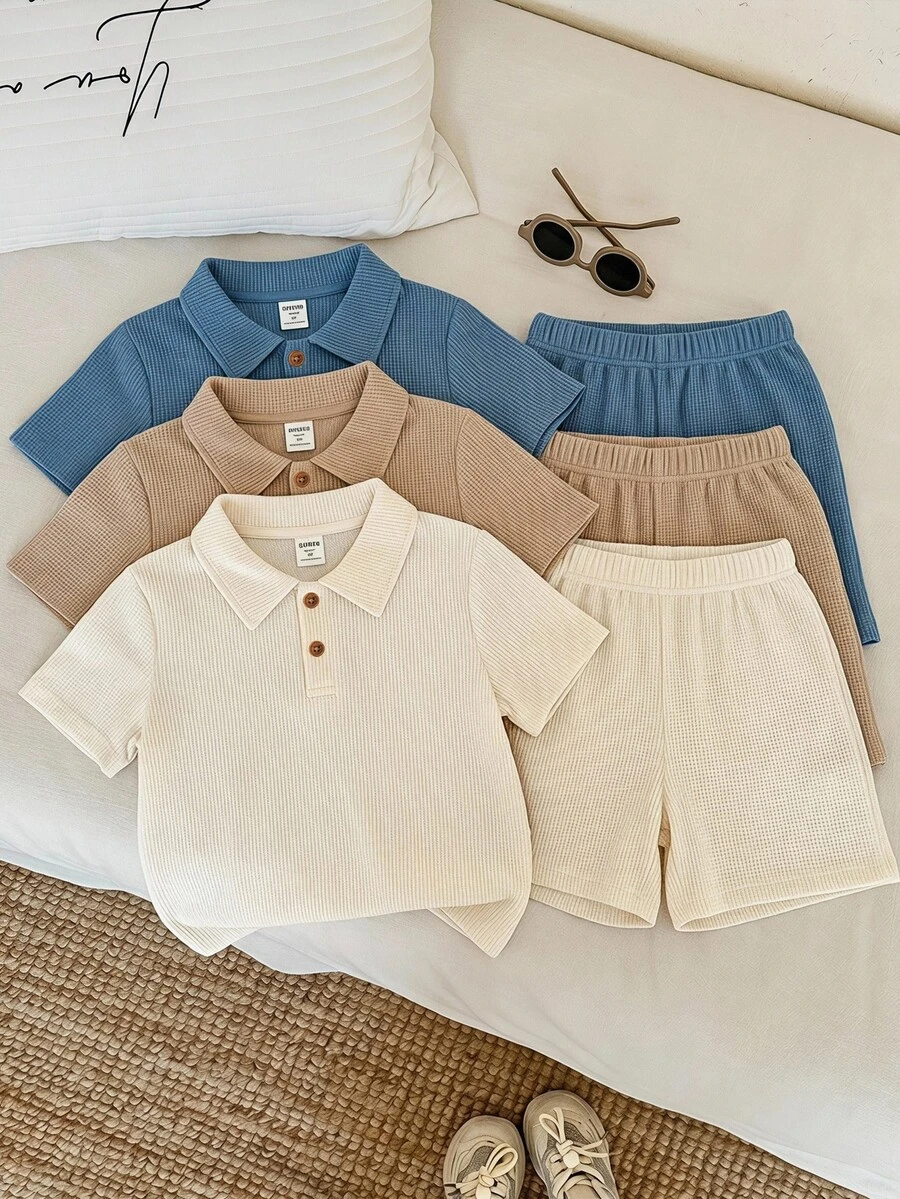 SHEIN 兒童男童 Polo 短袖 T 恤，純色短袖領口上衣