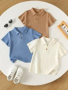 SHEIN 兒童男童 Polo 短袖 T 恤，純色短袖領口上衣 - 彩色 - 查看 4
