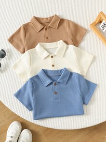 SHEIN 兒童男童 Polo 短袖 T 恤，純色短袖領口上衣 - 彩色 - 查看 3