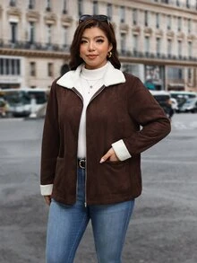 Reflora Jaket Lengan Panjang Kasual Serbaguna Wanita Ukuran Besar dengan Lapisan Termal dan Motif Blok Warna untuk Musim Dingin - Coklat - View 3