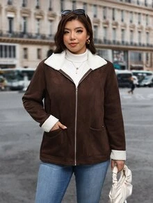 Reflora Jaket Lengan Panjang Kasual Serbaguna Wanita Ukuran Besar dengan Lapisan Termal dan Motif Blok Warna untuk Musim Dingin - Coklat - View 5