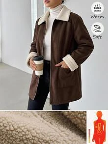 Reflora Jaket Lengan Panjang Kasual Serbaguna Wanita Ukuran Besar dengan Lapisan Termal dan Motif Blok Warna untuk Musim Dingin - Coklat - View 8