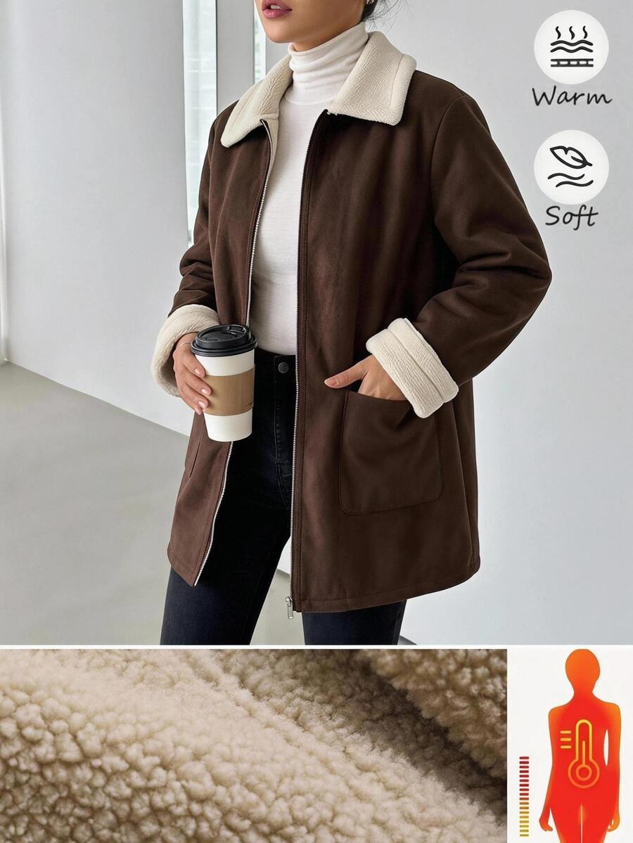 Reflora Plus Size Women's Colorblock Thermal Lined Casual Versatile Long Sleeve Jacket Winter - Brown - View 1