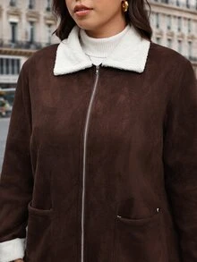 Reflora Jaket Lengan Panjang Kasual Serbaguna Wanita Ukuran Besar dengan Lapisan Termal dan Motif Blok Warna untuk Musim Dingin - Coklat - View 6