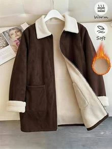 Reflora Jaket Lengan Panjang Kasual Serbaguna Wanita Ukuran Besar dengan Lapisan Termal dan Motif Blok Warna untuk Musim Dingin - Coklat - View 1