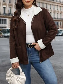 Reflora Jaket Lengan Panjang Kasual Serbaguna Wanita Ukuran Besar dengan Lapisan Termal dan Motif Blok Warna untuk Musim Dingin - Coklat - View 7
