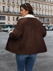 Reflora Jaket Lengan Panjang Kasual Serbaguna Wanita Ukuran Besar dengan Lapisan Termal dan Motif Blok Warna untuk Musim Dingin - Coklat - View 2