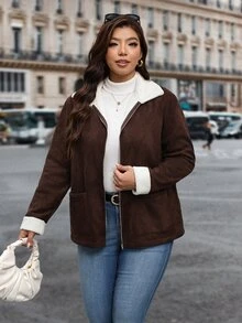 Reflora Jaket Lengan Panjang Kasual Serbaguna Wanita Ukuran Besar dengan Lapisan Termal dan Motif Blok Warna untuk Musim Dingin - Coklat - View 4
