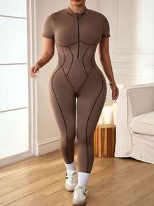 SHEIN Rhythm Era Women's Plus Size Short Sleeve Backless Fitted Athletic Jumpsuit Sports Gym Chocolate Brown Summer - Coffee Brown - View 4