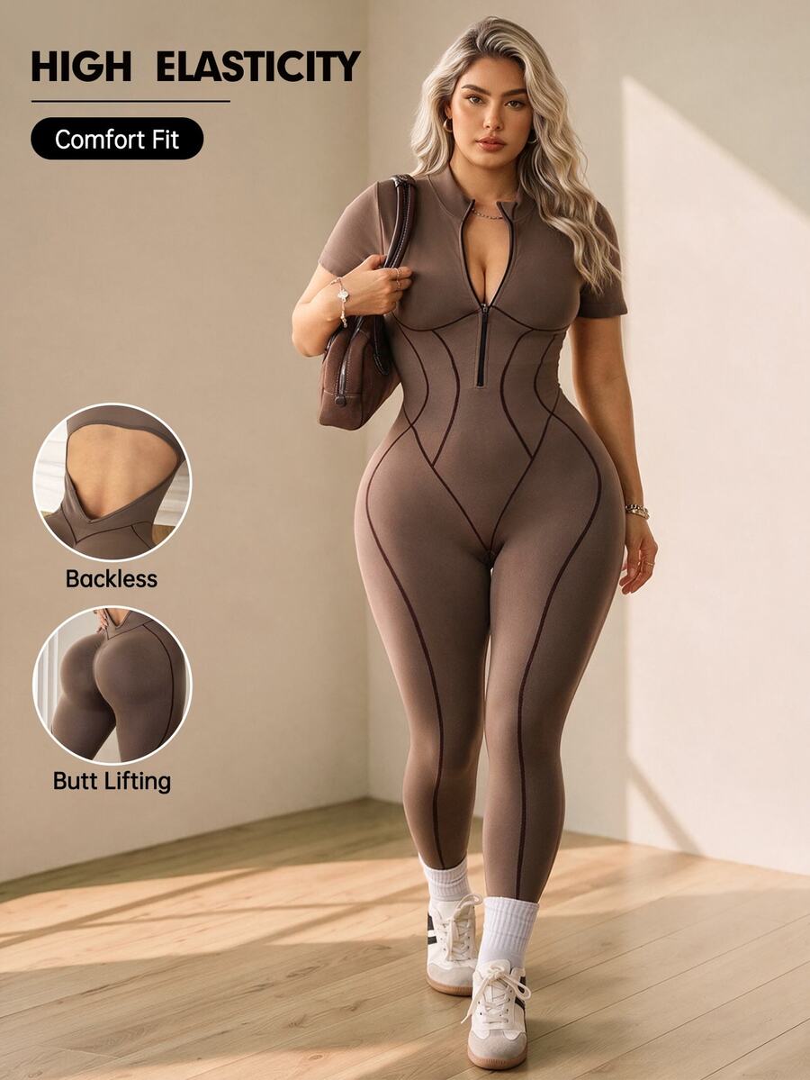SHEIN Rhythm Era Women's Plus Size Short Sleeve Backless Fitted Athletic Jumpsuit Sports Gym Chocolate Brown Summer - Coffee Brown - View 1