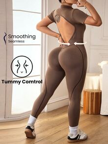 SHEIN Rhythm Era Women's Plus Size Short Sleeve Backless Fitted Athletic Jumpsuit Sports Gym Chocolate Brown Summer - Coffee Brown - View 2