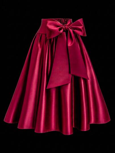 Sweetra CURVE Premium Burgundy Pearlescent Satin Skirt With Side Cinched Waist, Flattering For Pear-Shaped Figures, French Luxury High-Waist Twisted Oversized Bow Full Flare Skirt, Evening Party Toasting Skirt