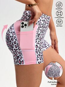 SHEIN Unity Plus Size Women Leopard Print White Patchwork Sports Shorts Gym Cycling Summer - Pink - View 3