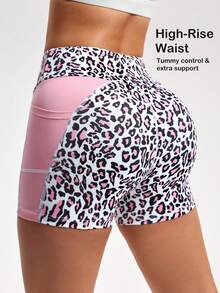 SHEIN Unity Plus Size Women Leopard Print White Patchwork Sports Shorts Gym Cycling Summer - Pink - View 2