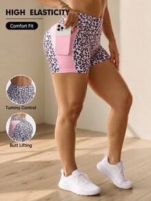 SHEIN Unity Plus Size Women Leopard Print White Patchwork Sports Shorts Gym Cycling Summer - Pink - View 1