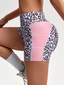 SHEIN Unity Plus Size Women Leopard Print White Patchwork Sports Shorts Gym Cycling Summer - Pink - View 4