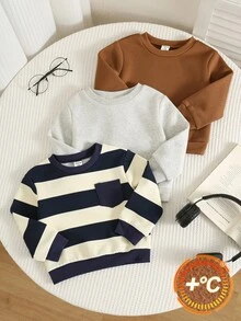 SHEIN 男女嬰兒/幼兒 3件組秋冬保暖內裡加厚純色與條紋運動衫多件裝，嬰兒運動衫/上衣，嬰兒冬季衣物 - 藏蓝色 - 查看 1