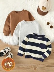 SHEIN 男女嬰兒/幼兒 3件組秋冬保暖內裡加厚純色與條紋運動衫多件裝，嬰兒運動衫/上衣，嬰兒冬季衣物 - 藏蓝色 - 查看 3