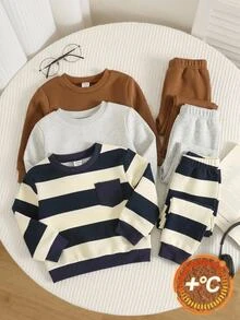 SHEIN 男女嬰兒/幼兒 3件組秋冬保暖內裡加厚純色與條紋運動衫多件裝，嬰兒運動衫/上衣，嬰兒冬季衣物 - 藏蓝色 - 查看 6
